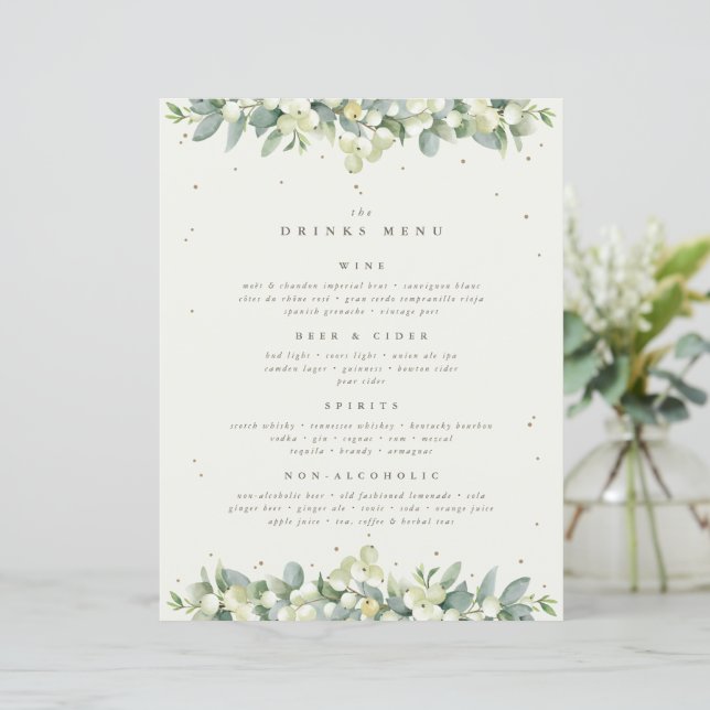 Cream Snowberry+Eukalyptus Wedding Drinks/Bar Menu (Stehend Vorderseite)
