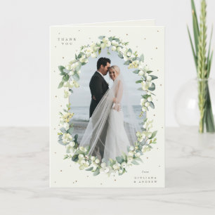 Cream Snowberry+Eukalyptus Wedding Foto geklappt Dankeskarte