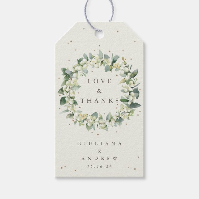 Cream Snowberry+Eukalyptus Wedding Liebe & Danke Geschenkanhänger (Vorderseite)