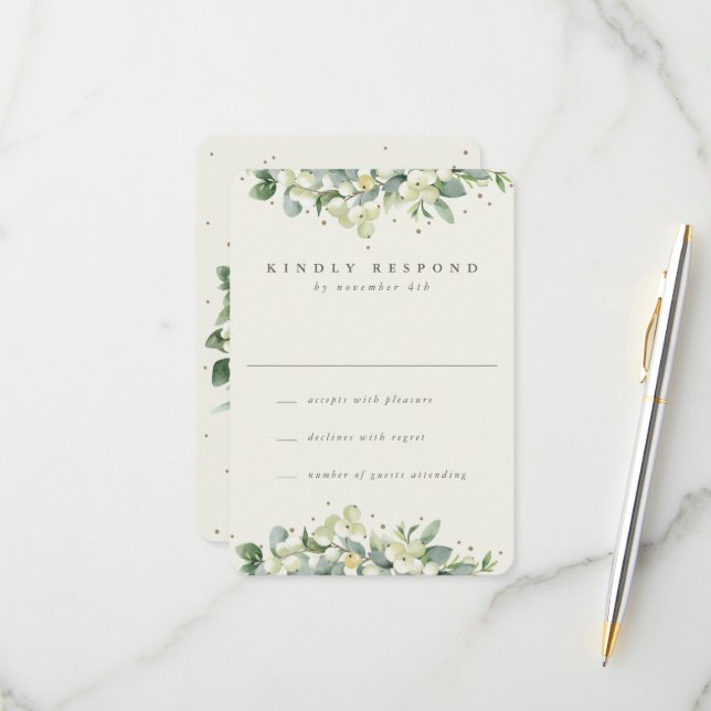 Cream Snowberry+Eukalyptus Winter Wedding RSVP Karte (Vorderseite/Rückseite Beispiel)