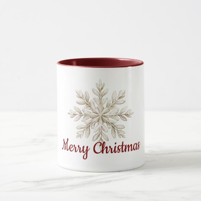 Cream Snowflake Red Merry Christmas Tasse (Zentrum)