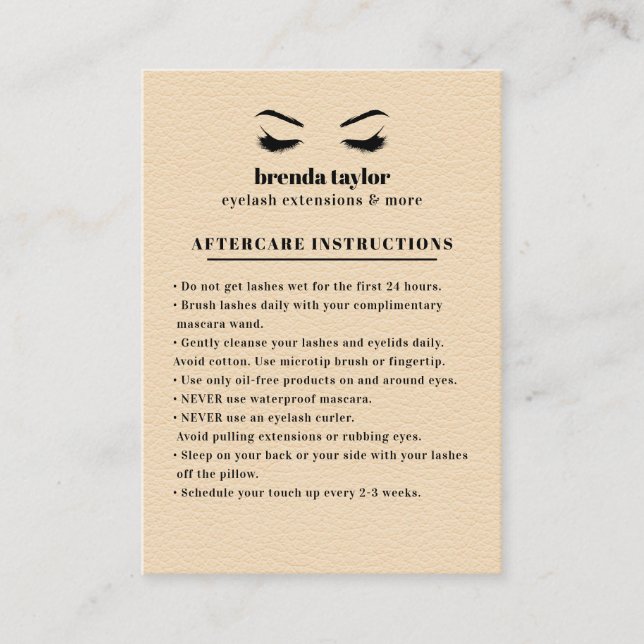 Cream Suede Eyelash Browbar Aftercare Instructions Visitenkarte (Vorderseite)