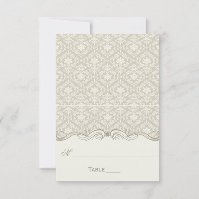 Cream Tan Ivory Damask Wirbel Falte Platzkarten (Vorderseite)