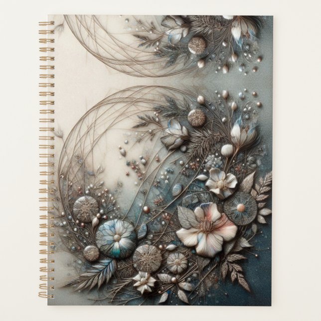 Cream Teal 3D skulpturale botanische Blumengestalt Planer (Vorderseite)