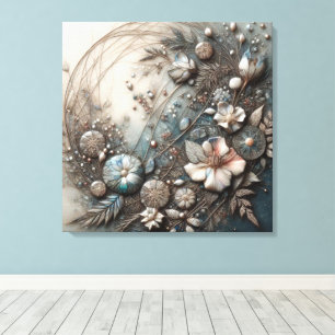 Cream Teal 3D skulpturale botanische Blumenkunst Leinwanddruck