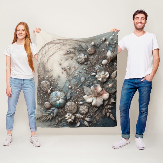 Cream Teal 3D skulpturale botanische florale Fleec Fleecedecke (Beispiel)
