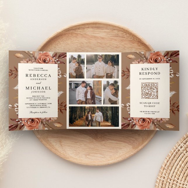 Cream Terracotta Floral QR Code Beige Tan Wedding Dreifach Gefaltete Einladung (Von Creator hochgeladen)