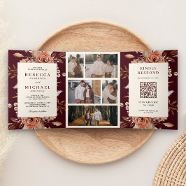 Cream Terracotta Floral QR Code Burgundy Wedding Dreifach Gefaltete Einladung