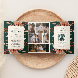 Cream Terracotta Floral QR Code Emerald Wedding Dreifach Gefaltete Einladung