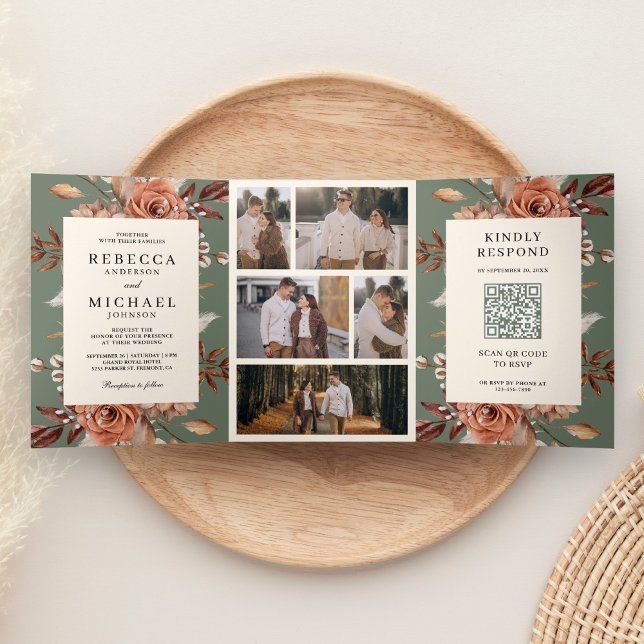 Cream Terracotta Floral QR Code Sage Green Wedding Dreifach Gefaltete Einladung (Von Creator hochgeladen)