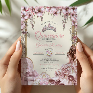 Cream und Blush Pink Tiara Floral Quinceañera Einladung