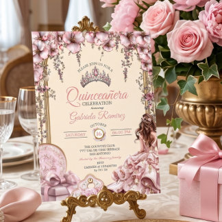 Cream und Blush Pink Tiara Floral Quinceañera Einladung