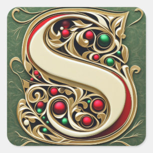 Cream und Gold Letter S mit Weihnachtsgrün Quadratischer Aufkleber