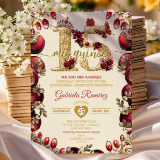 Cream und Rot Golden Mis Quince 15 Quinceañera Einladung