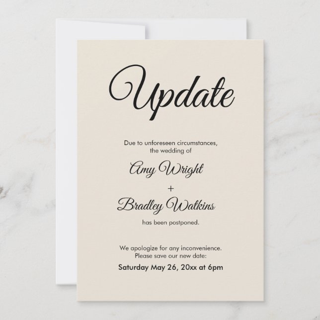Cream Update verzögert Hochzeitsankündigung Einladung (Vorderseite)