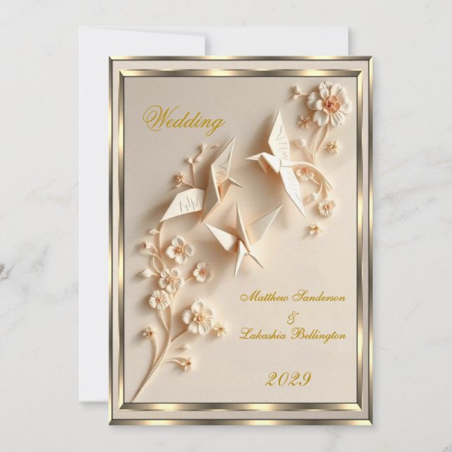 Cream Vintag Origami style Wedding Beautiful Einladung (Vorderseite)