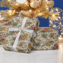 Cream Vintage Botanical Christmas Citrus Pattern Geschenkpapier
