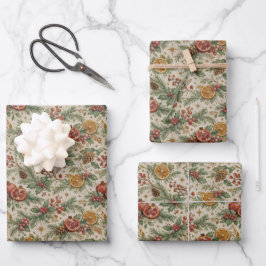 Cream Vintage Botanical Christmas Citrus Pattern Geschenkpapier Set