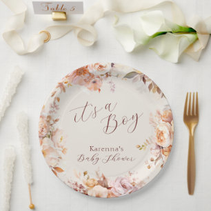 Cream Vintage Floral Herbst Er ist ein Junge Baby Pappteller