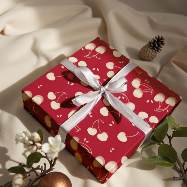 Cream Watercolor Cherries on Red – Valentine  Geschenkpapier (Von Creator hochgeladen)