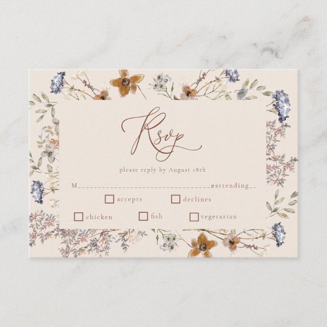 Cream Watercolor Wildflowers Calligraphy RSVP Begleitkarte (Vorderseite)