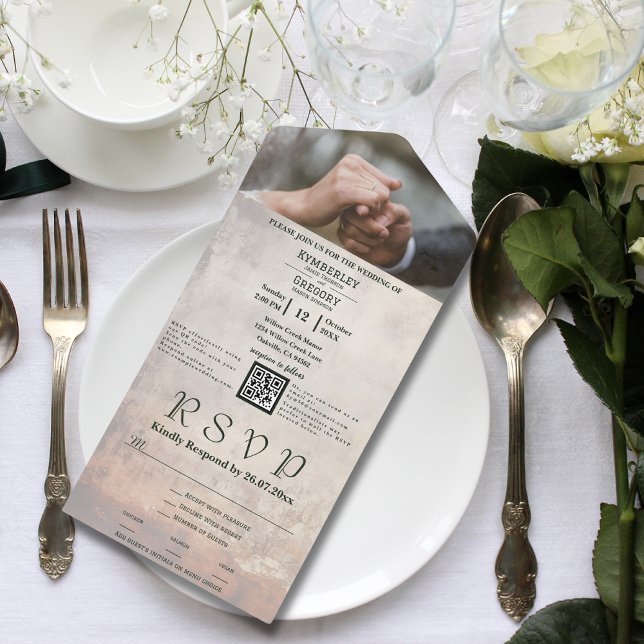 Cream Weathered Whitewash Textur QR Code Foto All In One Einladung (Von Creator hochgeladen)