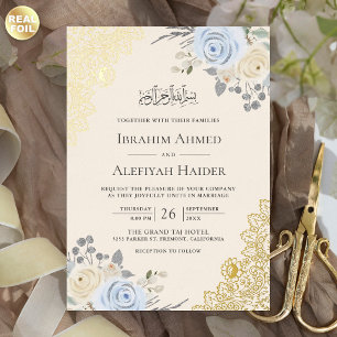 Cream weiche blaue florale goldene Spitze Muslim-H Folieneinladung