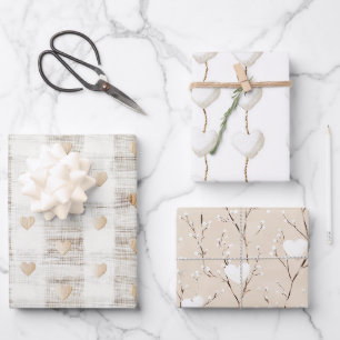 Cream White Beige Boho Hearts Brautparty Geschenkpapier Set