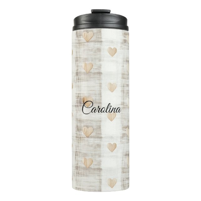 Cream White Beige Boho Hearts Thermosbecher (Vorderseite)