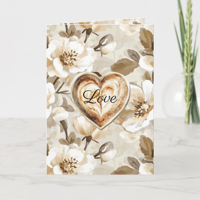 Cream White Brown Floral Heart Love Karte (Vorderseite)