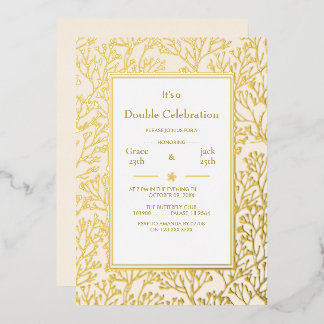 Cream White Elegante Doppelfeier Geburtstag Folieneinladung