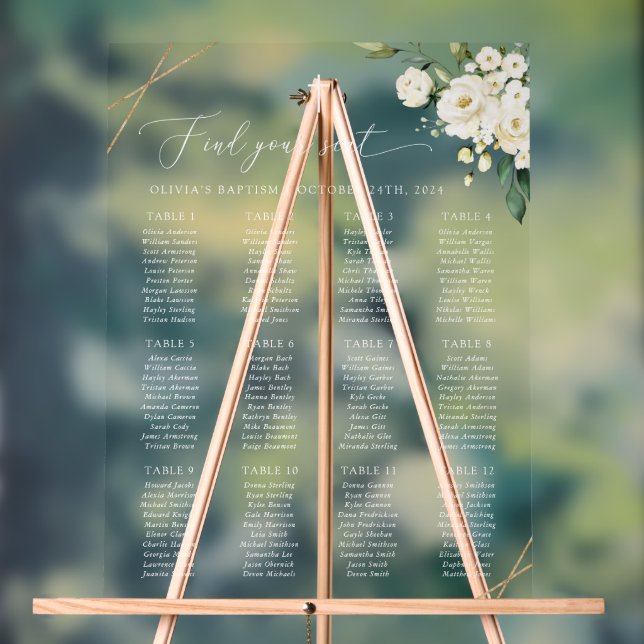 Cream White Flowers, Boho, Baptism Seating Chart Acrylschild (Neutral)