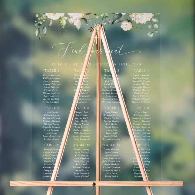 Cream White Flowers, Boho, Baptism Seating Chart Acrylschild (Neutral)