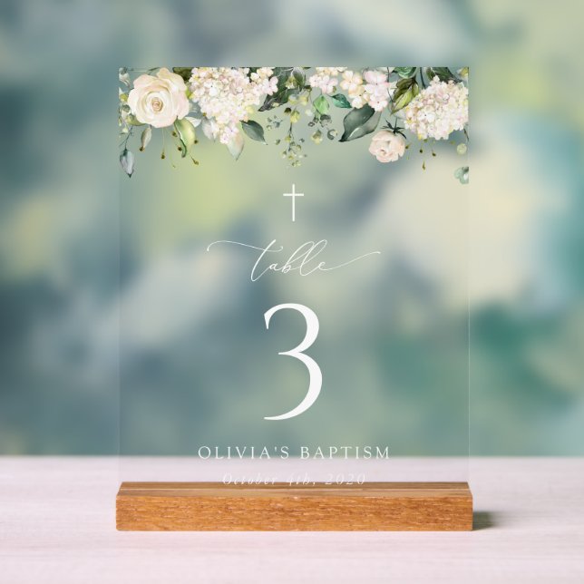 Cream White Flowers, Boho, Baptism Table Numbers Acrylschild (Neutral)