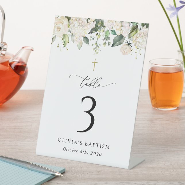 Cream White Flowers, Boho, Baptism Table Numbers Sockelschild (In Situ)