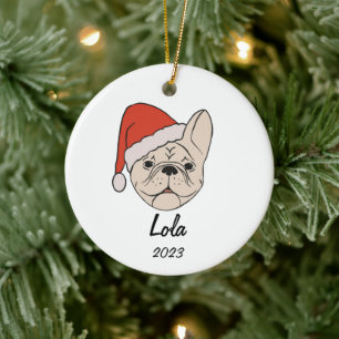 Cream/White Frenchie Weihnachtsmannmütze Weihnacht Keramik Ornament
