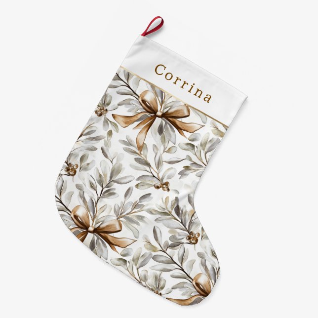 Cream White Gingerbread Bows   Großer Weihnachtsstrumpf (Vorderansicht (hängend))