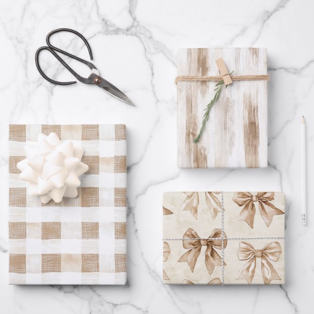 Cream White Plaid Stripes Floral Birthday Geschenkpapier Set (Vorderseite)