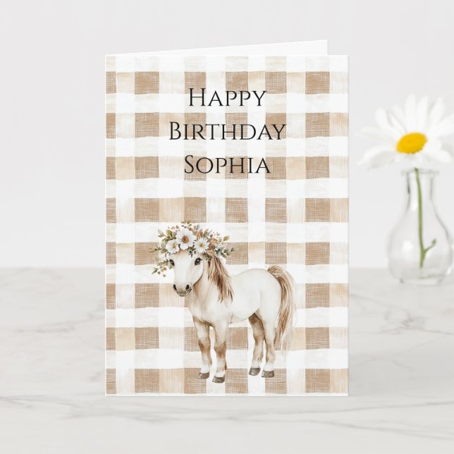 Cream White Plaid Stripes Floral Horse Birthday Karte (Kleine Pflanze)