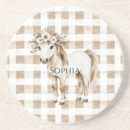 Cream White Plaid Stripes Horse Birthday Getränkeuntersetzer