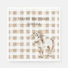 Cream White Plaid Stripes Horse Birthday Serviette