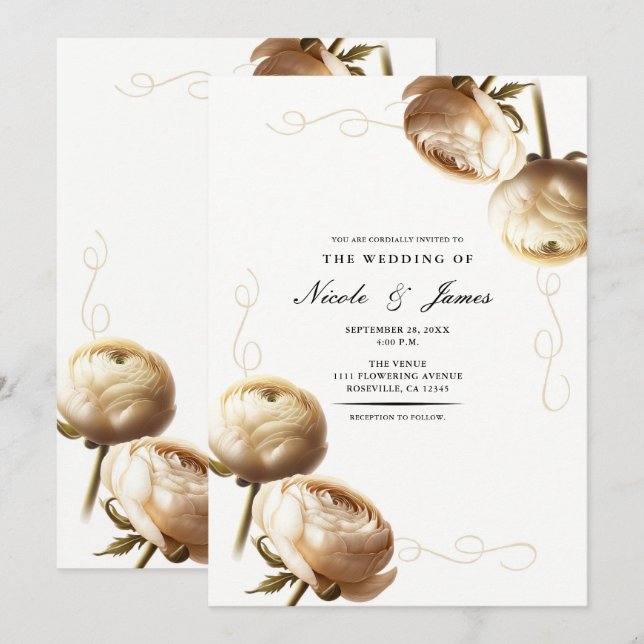 Cream & White Ranunculus Blumenhochzeit Einladung (Vorne/Hinten)