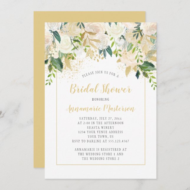 Cream White Roses Gold Accent Brautparty Einladung (Vorne/Hinten)