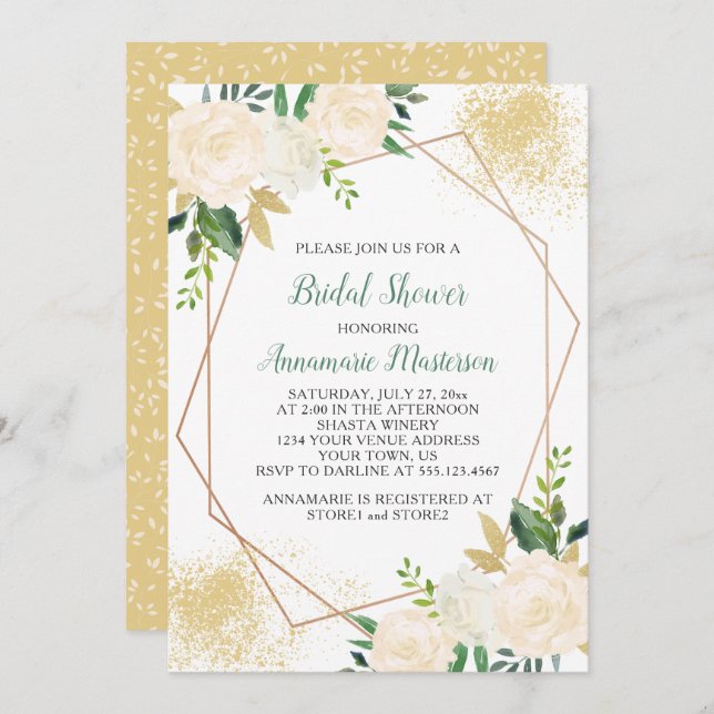 Cream White Roses Greenery Geometrisches Brautpart Einladung (Vorne/Hinten)