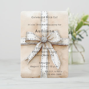 Cream White Silver Glitzy Glam Bow Birthday Einladung