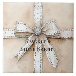 Cream White Silver Glitzy Glam Bow Birthday Fliese