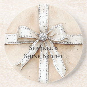 Cream White Silver Glitzy Glam Bow Birthday Getränkeuntersetzer