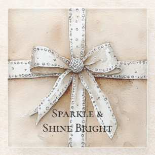 Cream White Silver Glitzy Glam Bow Birthday Glasuntersetzer