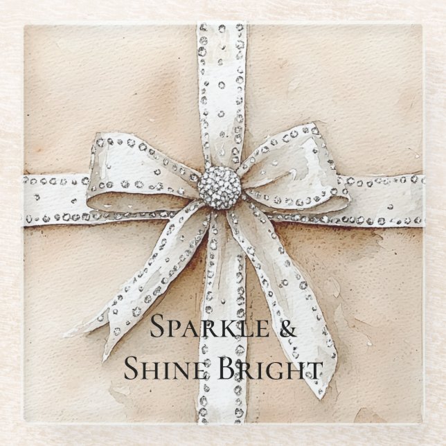 Cream White Silver Glitzy Glam Bow Birthday Glasuntersetzer (Vorderseite)