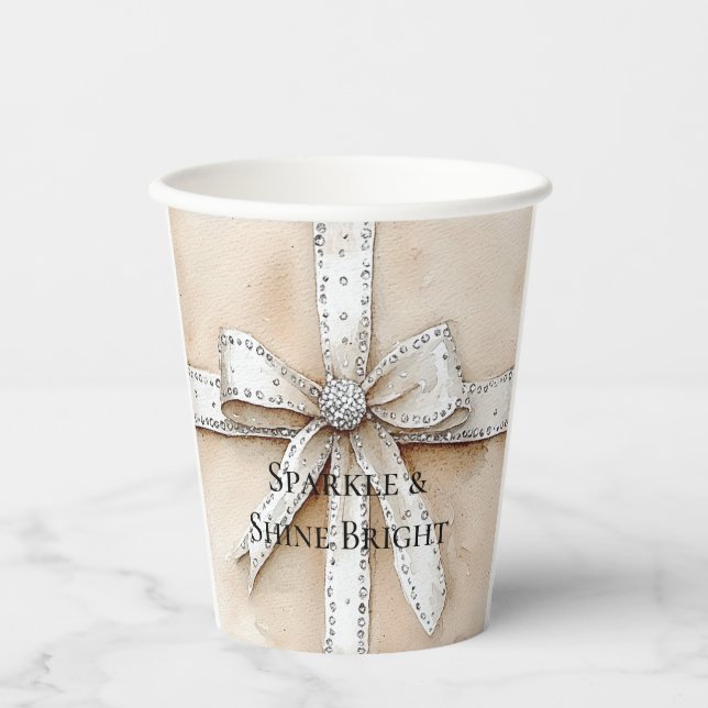 Cream White Silver Glitzy Glam Bow Birthday Pappbecher (Vorderseite)